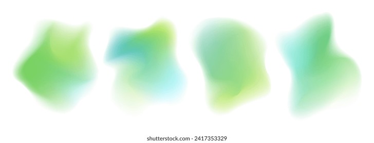 Set of Spring theme green color blurred shapes isolated on white background. Defocused color gradients. Fluid dynamic elements for Spring season creative graphic design. Vector illustration.