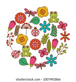 set of spring theme nature flowers love birds butterflies ladybugs frog dragonfly
