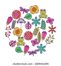 set of spring theme nature flowers love birds butterflies ladybugs frog dragonfly