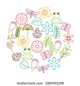 set of spring theme nature flowers love birds butterflies ladybugs frog dragonfly