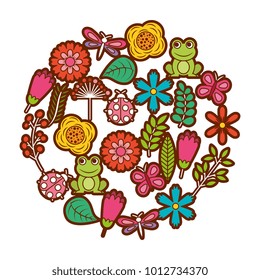 set of spring theme nature flowers love birds butterflies ladybugs frog dragonfly