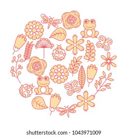 set of spring theme nature flowers love birds butterflies ladybugs frog dragonfly