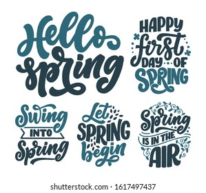 Set with Spring time lettering greeting cards. Fun season slogans. Typography posters or banners for promotion and sale design. Calligraphy prints. Vector illustration