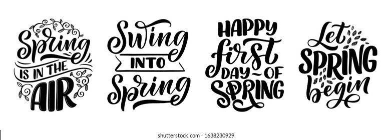 Set with Spring time lettering greeting cards. Fun season slogans. Typography posters or banners for promotion and sale design. Calligraphy prints. Vector illustration