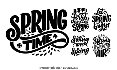 Set with Spring time lettering greeting cards. Fun season slogans. Typography posters or banners for promotion and sale design. Calligraphy prints. Vector illustration