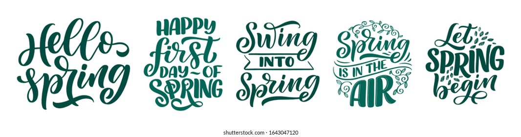 Set With Spring Time Lettering Greeting Cards. Fun Season Slogans. Typography Posters Or Banners For Promotion And Sale Design. Calligraphy Prints. Vector Illustration