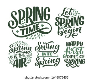 Se establece con tarjetas de felicitación con letras de primavera. Lemas de la temporada de diversión. Carteles o carteles de tipografía para promoción y diseño de venta. Impresiones caligráficas. Ilustración del vector