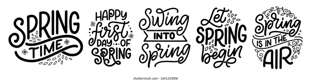 Set with Spring time lettering greeting cards. Fun season slogans. Typography posters or banners for promotion and sale design. Calligraphy prints. Vector illustration
