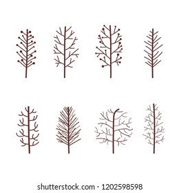 Set of spring trees abstract linear icons. Hand-drawn forest trees. Vector illustration.