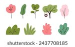 Set of spring trees and bushes, cartoon flat vector illustration isolated on white background. Collection of cute hand drawn nature clipart elements. Green and pink plants.