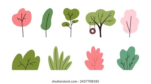 Conjunto de árboles de primavera y arbustos, ilustración vectorial plana de dibujos animados aislado sobre fondo blanco. Colección de lindos elementos de clipart dibujados a mano. Plantas verdes y rosas.