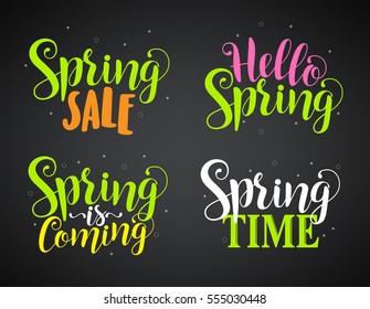 Set of spring typography and calligraphy title for spring designs as decorations and elements in black background. Vector illustration.
