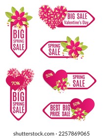 Establece la etiqueta de primavera o de San Valentín , venta de huevos con el corazón rosado y flores. Ilustración del vector EPS10.