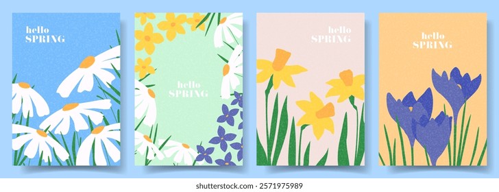 Set of Spring vector cards. Hand-drawn flyers for decoration spring events, Mother's Day, Easter. Beautiful spring posters with crocuses, narcissus, daisies flowers. Concept of trendy spring cover.