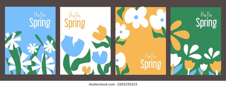 Set of Spring vector cards. Hand-drawn flyers for decoration spring events, Mother's Day, Easter. Beautiful floral posters with roses, sun flower, daisies flowers. Concept of trendy spring cover.