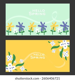 Set of Spring vector cards. Hand-drawn flyers for decoration spring events, Mother's Day, Easter. Minimalist floral posters with leaf, roses, tulips, daisies flowers. Concept of trendy business cover.