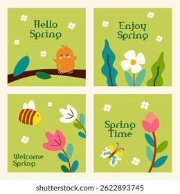 Set of Spring vector cards. Hand-drawn flyers for decoration spring events, Mother's Day, Easter. Beautiful floral posters with bird, bee, butterfly and flowers on green color for cover and banner.