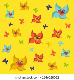 Conjunto de dibujos vectoriales de mariposas, flores sobre un fondo aislado amarillo en estilo plano. Imprimir, postal, infantil