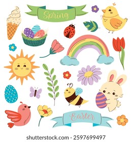 Set of spring vector elements. Happy, colorful, Easter bunny, basket with eggs, leaves, flowers, chick. Flat style