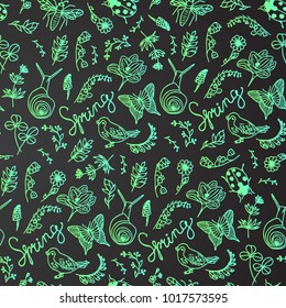 Set spring vector illustration. Butterfly, snail, ladybug, bird, clover leaf, flower, branch 