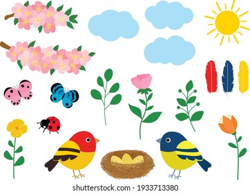 Set spring vector illustration. Flowers birds nest insects clouds sun