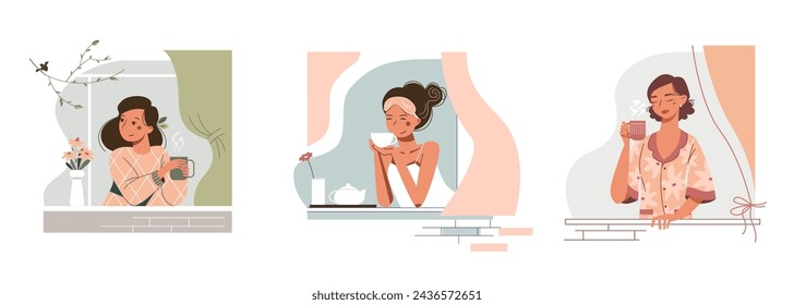 Set of spring vector illustrations with nice young women in a window. Cute girls drinks morning coffee and enjoying life. Beautiful ladies with a cup.