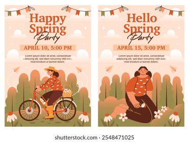 Set of spring vertical poster templates. Woman sitting on grass among flowers, trees, garlands. Woman in hat rides on bicycle. Placards with naive illustrations of spring nature, rural landscapes.