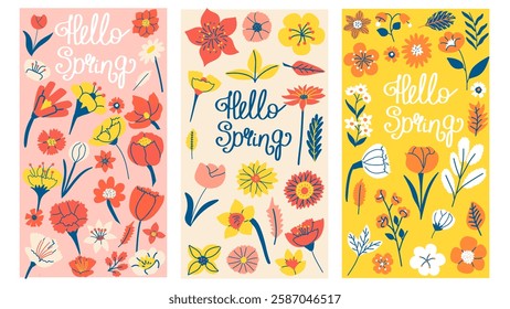 Set of spring vertical posters with flowers. Hello spring design banner. Floral  composition. 