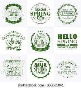 Set of Spring Vintage Typographic Badges. Vector Illustration. Hello Spring. Greeting Card Design