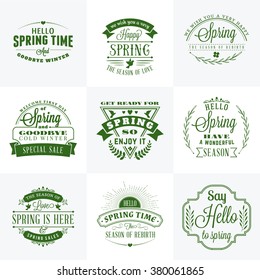 Set of Spring Vintage Typographic Badges. Vector Illustration. Hello Spring. Greeting Card Design