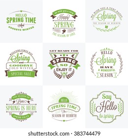 Set of Spring Vintage Typographic Badges. Vector Illustration. Hello Spring. Greeting Card Design