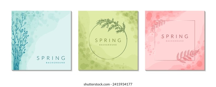 Set of spring watercolor backgrounds. Circle and square floral minimal frame. Flower plant elegant wreath. Wedding, beauty, spa, jewellery salon, cosmetics packaging design and logo. Vintage border