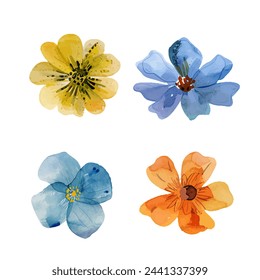 Set of spring watercolor flower. Flower yellow, blue, violet. Wedding concept with Floral arrangements