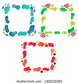 Set of spring watercolor original frames in the form of stones with white contours, leaves and flowers of roses
