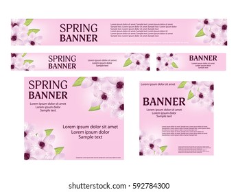 Set spring web banners templates standard size. Background with flowers of sakura or cherry. Design for website. Vector illustration.