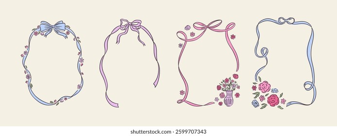 Set of spring whimsical hand-drawn pink blue orange green color frames with flowers and bows in trendy, vintage styles. Perfect for quirky holiday, wedding, birthday gift decorations.