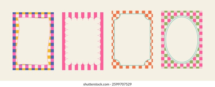 Set of spring whimsical hand-drawn pink blue orange green color frames with wavy stripes and line in trendy, vintage styles. Perfect for quirky holiday, wedding, birthday gift decorations.