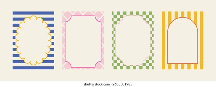 Set of spring whimsical hand-drawn pink blue orange green color frames with wavy stripes and line in trendy, vintage styles. Perfect for quirky holiday, wedding, birthday gift decorations.