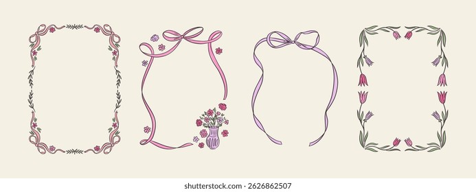 Set of spring whimsical hand-drawn pink blue orange green color frames with flowers and bows in trendy, vintage styles. Perfect for quirky holiday, wedding, birthday gift decorations.