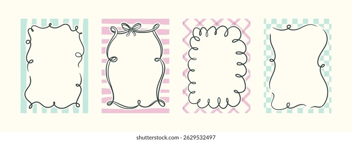 Set of spring whimsical hand-drawn pink blue orange green color frames with wavy stripes and line in trendy, vintage styles. Perfect for quirky holiday, wedding, birthday gift decorations.