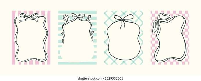 Set of spring whimsical hand-drawn pink blue orange green color frames with wavy stripes and line in trendy, vintage styles. Perfect for quirky holiday, wedding, birthday gift decorations.