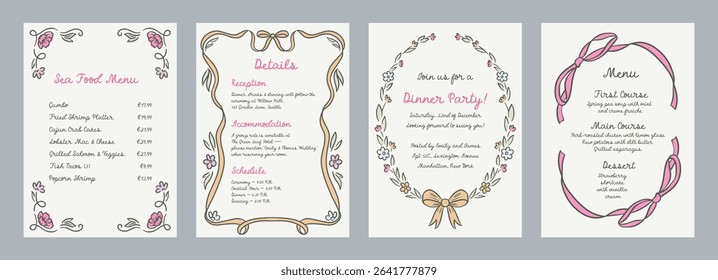 Set of spring whimsical hand-drawn pink blue orange green color frames with flowers and bows in trendy, vintage styles. Perfect for quirky holiday, wedding, birthday gift decorations