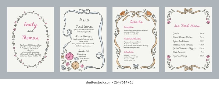 Set of spring whimsical hand-drawn pink blue orange green color frames with flowers and bows in trendy, vintage styles. Perfect for quirky holiday, wedding, birthday gift decorations