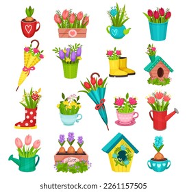 Set of spring wild and garden flowers. Beautiful flowers in birdhouse, rubber boots, cup, watering can cartoon vector illustration