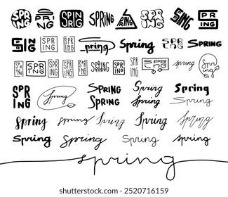 Set of SPRING words. Vector lettering for seasons prints, posters, cards, invitations. Black hand drawing on white isolated background.