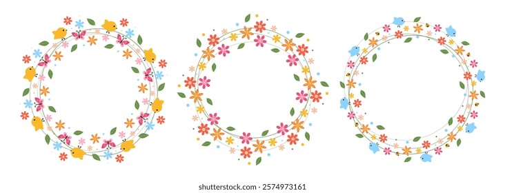 Set of Spring Wreath with birds, insects, flowers, green leaves. Floral round frames. Decorative element for greeting card, invitation, banner, sale, scrapbooking.