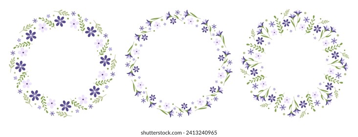 Set of spring wreath. Floral round frames. Decorative elements for greeting card, invitation, banner,  sale, scrapbooking. Vector illustration. 