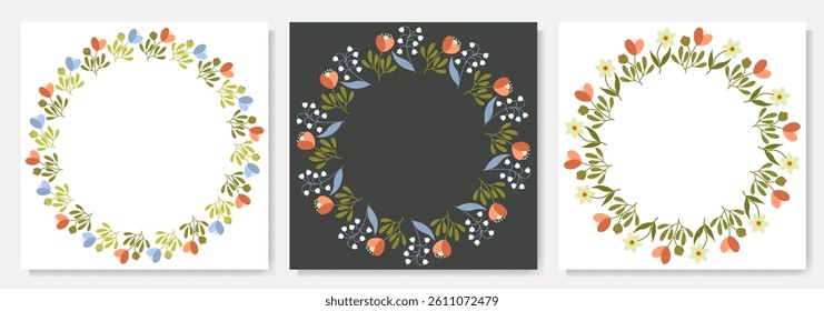 Set of spring wreaths. Floral round frames with daffodils, lilies of the valley and other flowers. Perfect for greeting cards, wedding invitations, retro parties. Vector labels and badges.