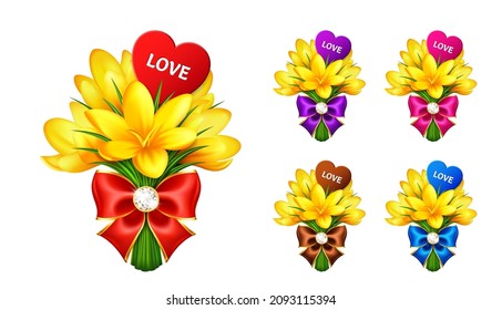 Montaje de flores amarillas primaverales cruces con arcos y corazones con amor aislados en un fondo blanco. El ramo de crocus de primavera es perfecto para tarjetas, tarjetas de visita, pegatinas y certificados de regalo