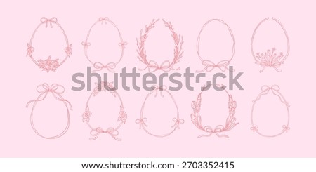 Set of springflower hand drawn doodle Easter egg frames. Whimsical bow ribbon cute borders. Floral willow, tulip, rose, peony wreath. Wedding, birthday, catholic celebration invitation tepmlate